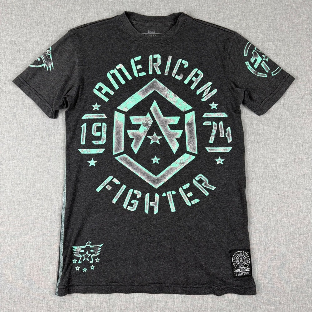 American Fighter Mens Small Black Teal Graphic T-Shirt Buckle MMA Training